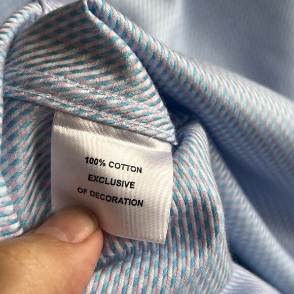 Tailorbyrd Men Size 16.5-32/33 Trim‎ Fit Non Iron Long Sleeve Blue Pink Shirt - Picture 9 of 9